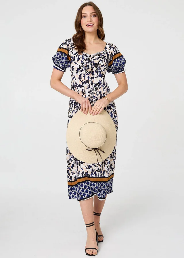 Izabel London Navy Floral Border Puff Sleeve Midi Dress