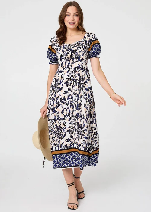 Izabel London Navy Floral Border Puff Sleeve Midi Dress - 12 Image 4