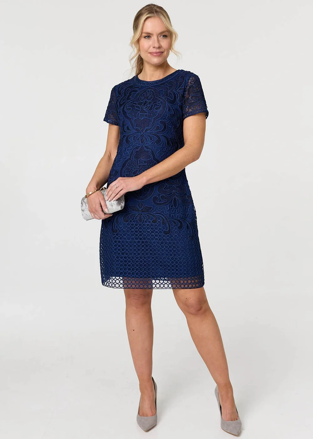 Izabel London Navy Sheer Lace Layered Knee Length Dress - 8 Image 1