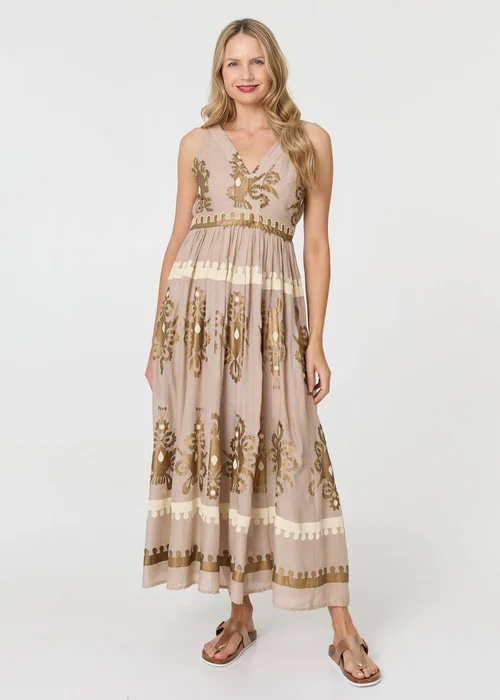 Izabel London Brown Printed Ruched Sleeveless Maxi Dress - 16 Image 1