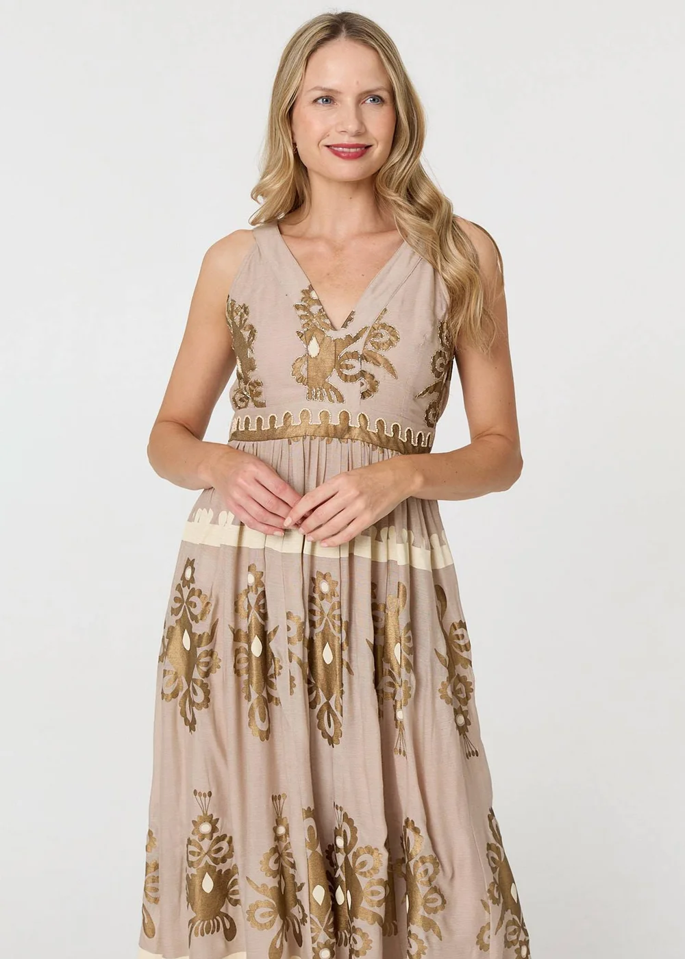 Izabel London Brown Printed Ruched Sleeveless Maxi Dress - 16 Image 2