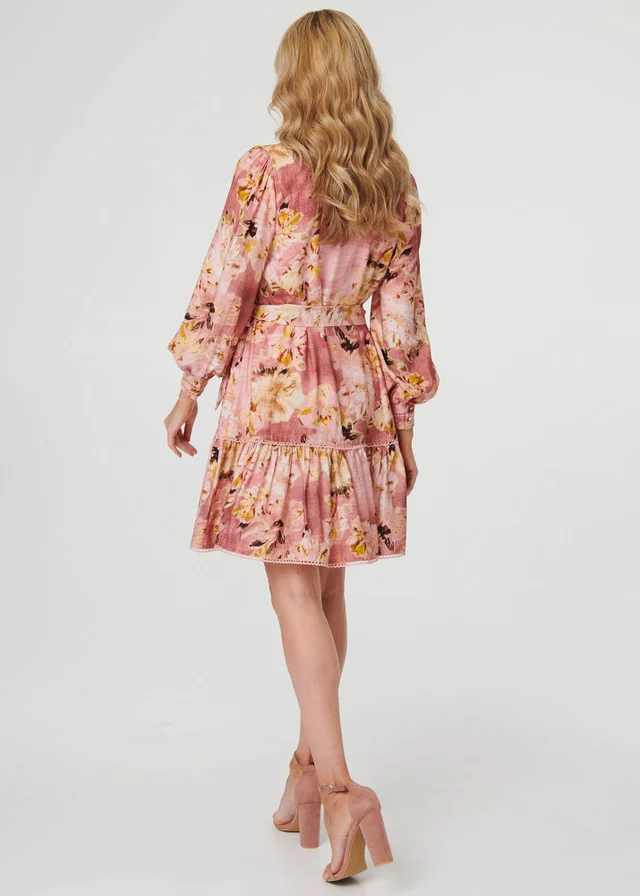 Izabel London Red Floral Long Sleeve Short Shirt Dress