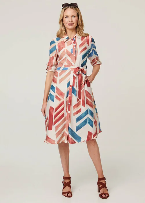 Izabel London Red Geo Print Tie Waist Midi Shirt Dress - 8 Image 1