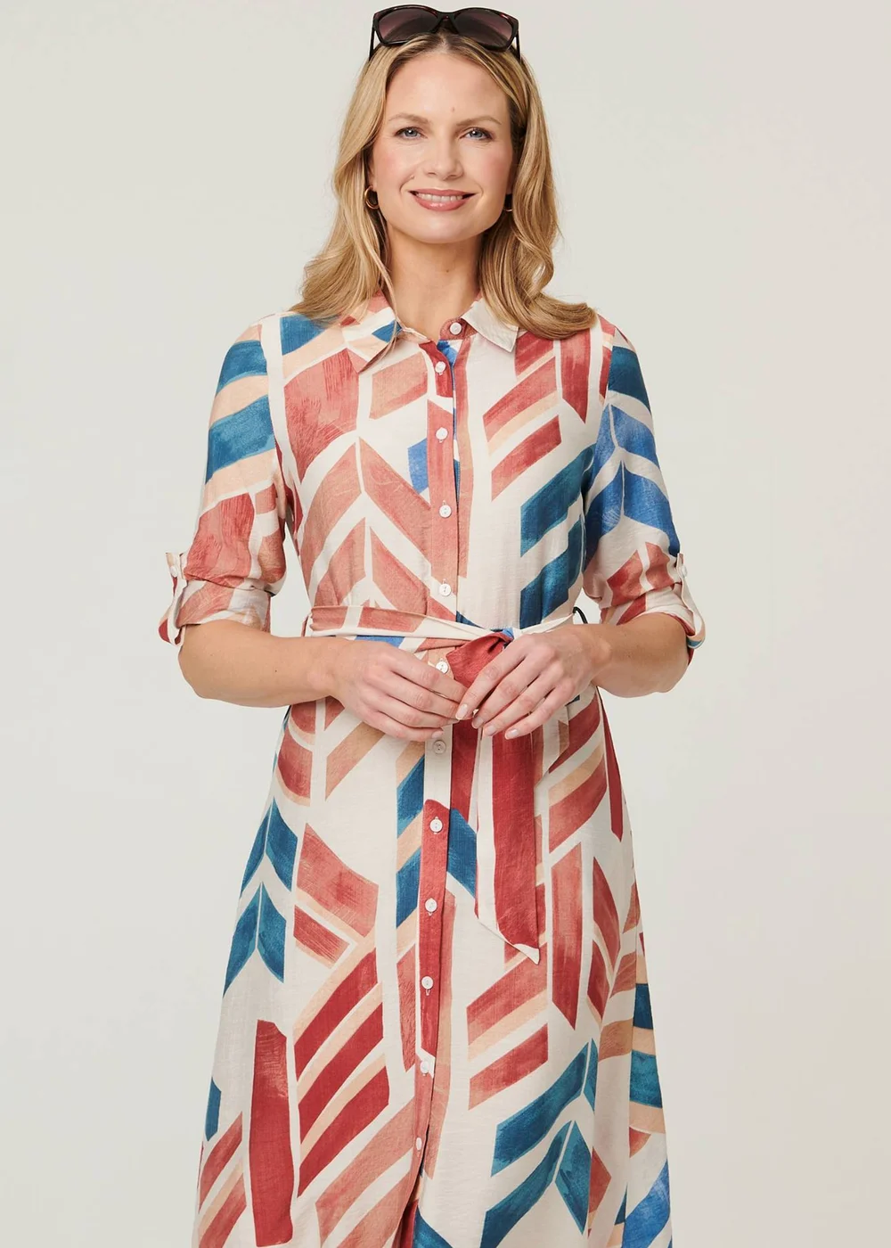 Izabel London Red Geo Print Tie Waist Midi Shirt Dress - 8 Image 4