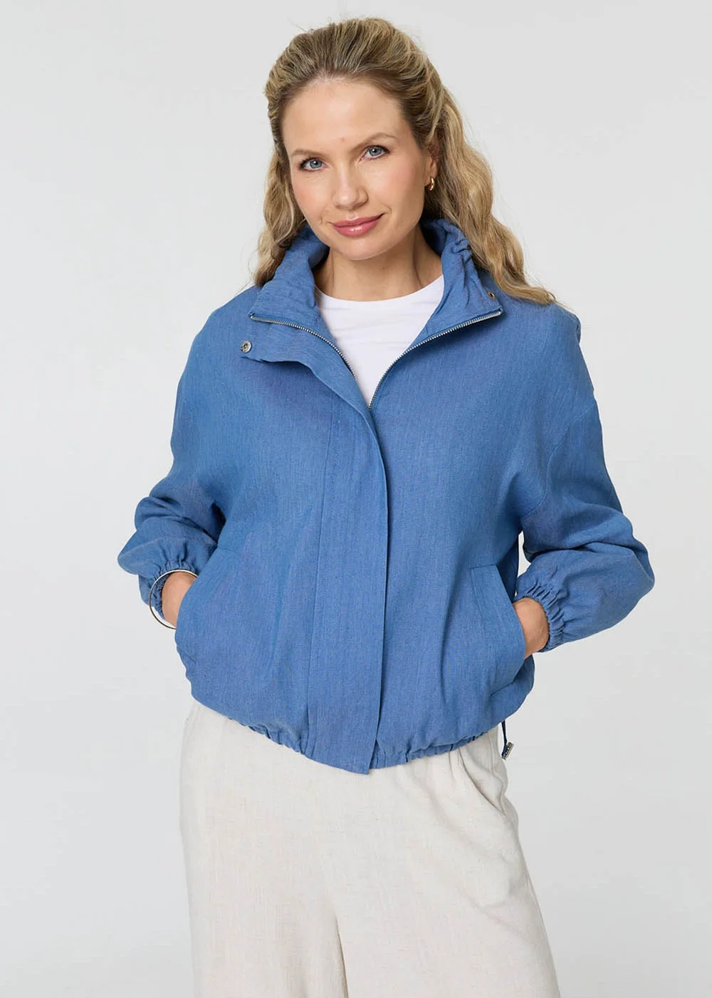 Izabel London Blue Relaxed Drawstring High Neck Jacket - 12 Image 1