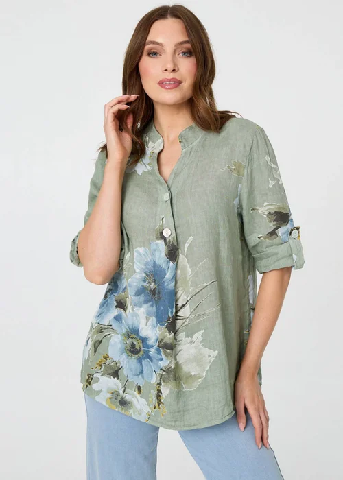 Izabel London Blue Floral Relaxed Turn-Up Sleeve Blouse - 8 Image 1