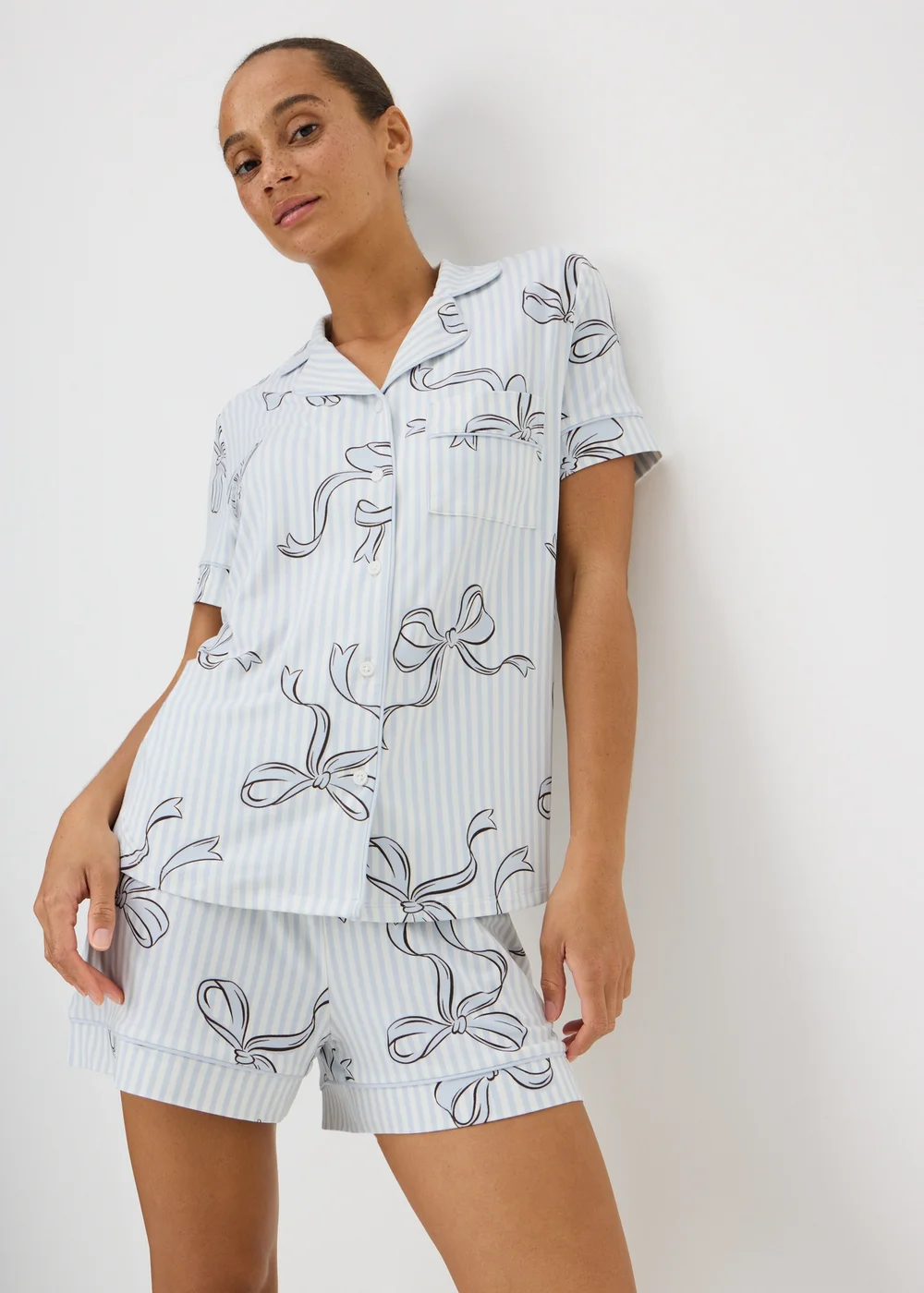 Blue Stripe Bow Button Up Short Pyjama Set - L Image 1