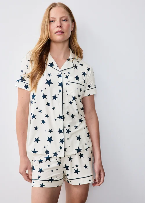 Cream Star Traditional Button Up Short Pyjama Set - S Image 1