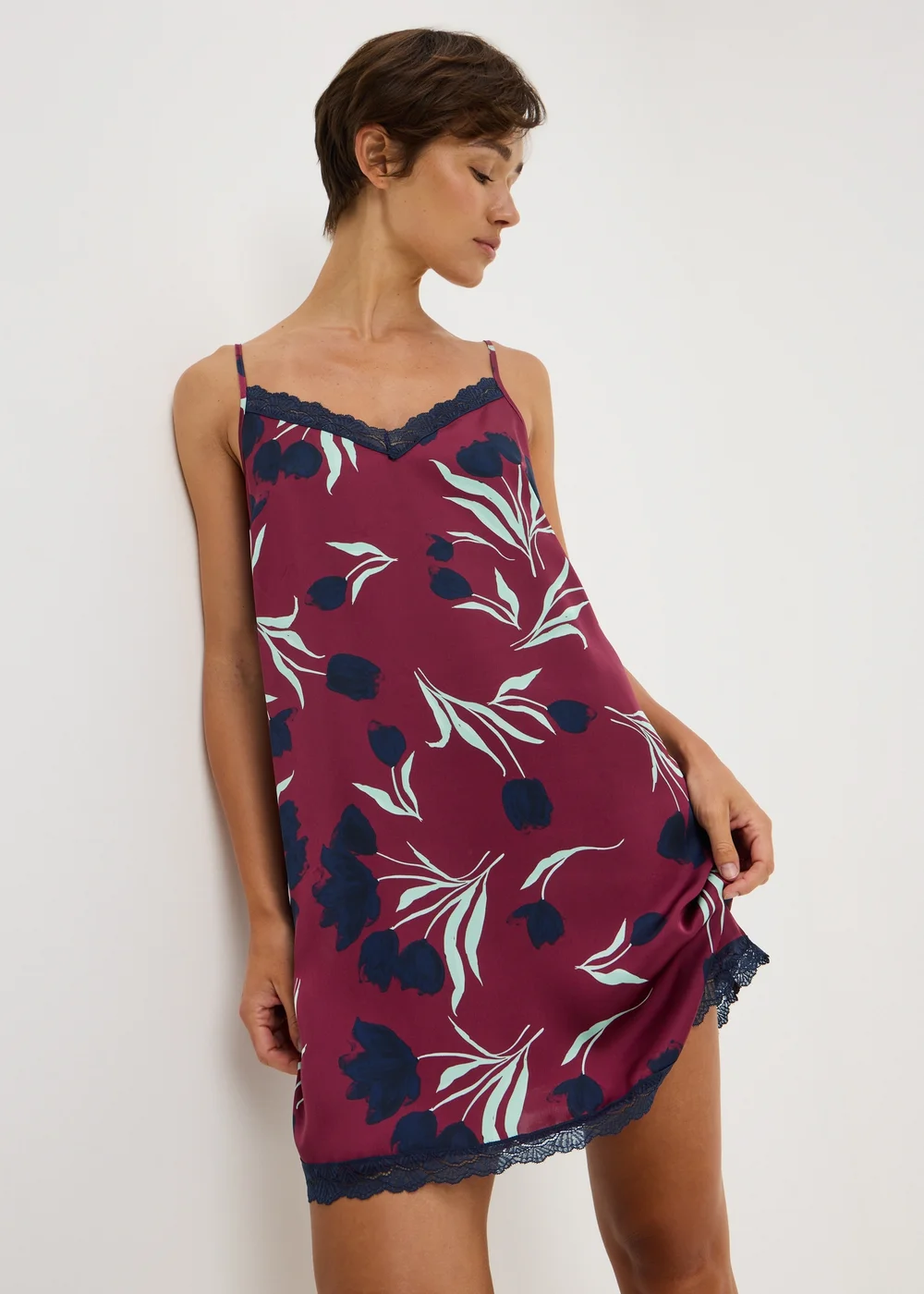 Burgundy Satin Printed Lace Chemise Nightie - 8 Image 1