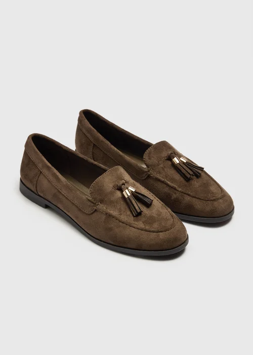 Khaki Faux Suede Tassel Loafers - 3 Image 3