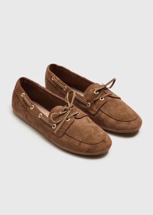 Tan Faux Suede Lace Up Moccasin Loafers - 3 Image 1