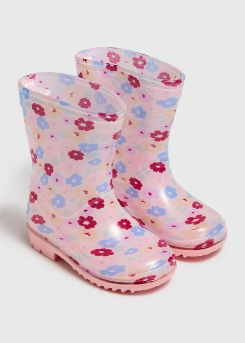 Girls Pink Floral PVC Wellies (Younger 4-12) - 4 Infants Image 1