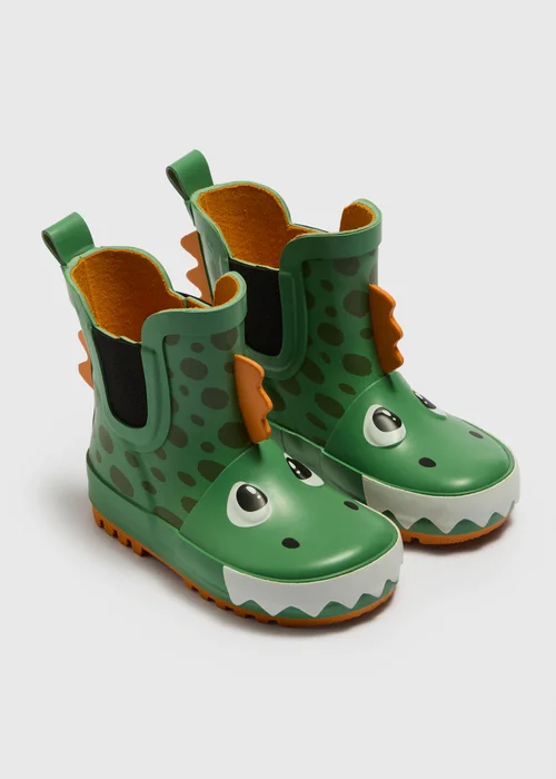 Boys Green Dinosaur Wellie (Younger 4-12) - 8 infants Image 1