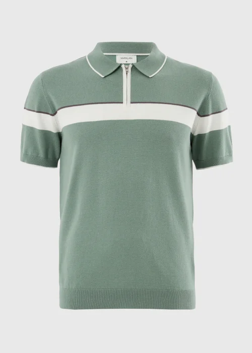 Sage Green Colour Block Zip Knitted Polo Shirt - S Image 4