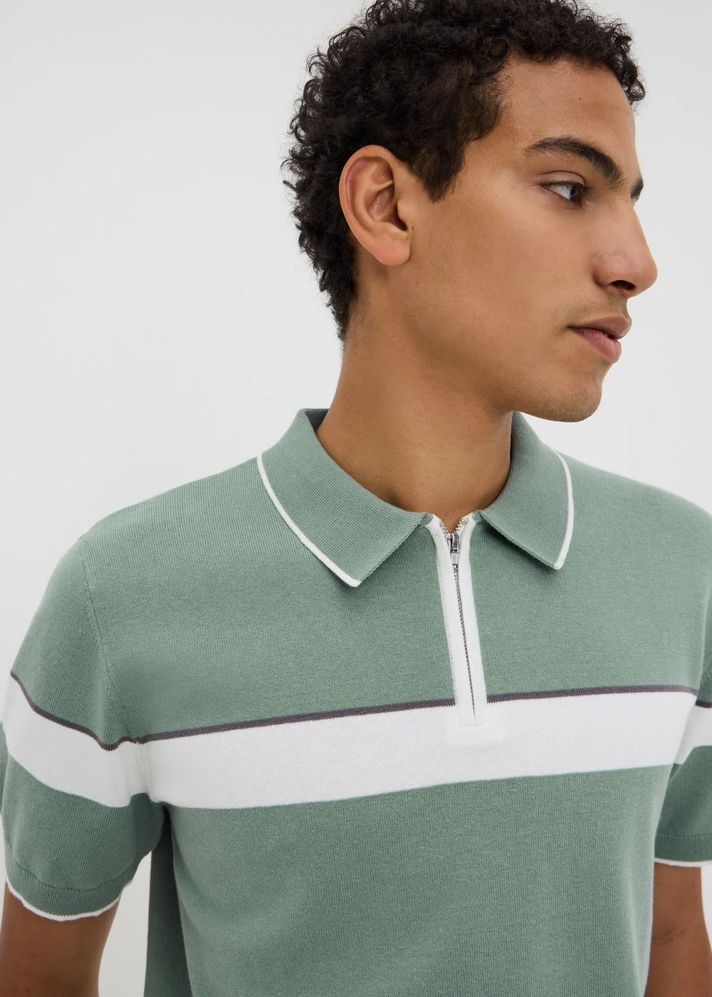 Sage Green Colour Block Zip Knitted Polo Shirt - S Image 3