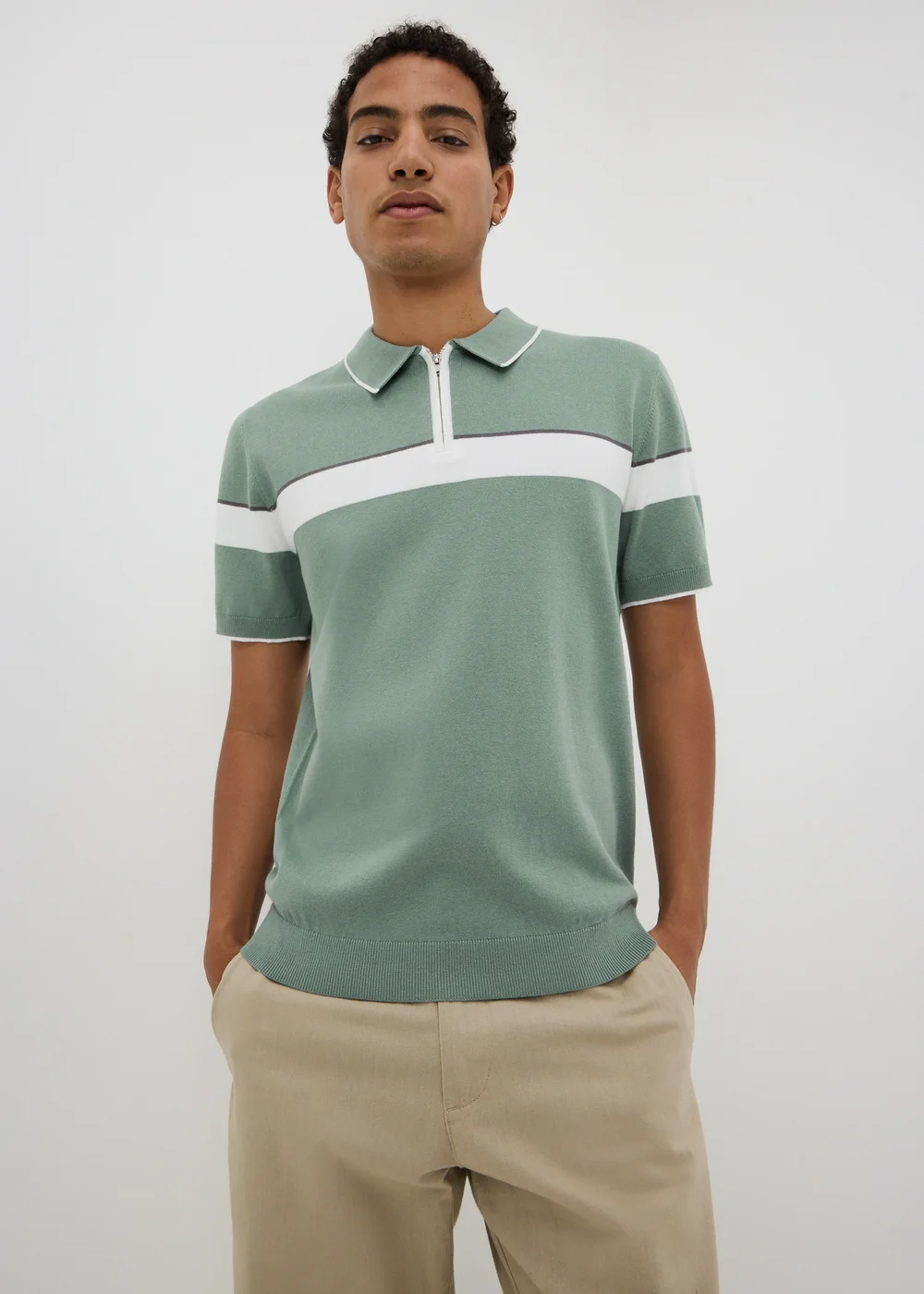 Sage Green Colour Block Zip Knitted Polo Shirt - S Image 1