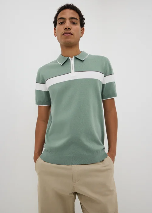 Sage Green Colour Block Zip Knitted Polo Shirt - S Image 1