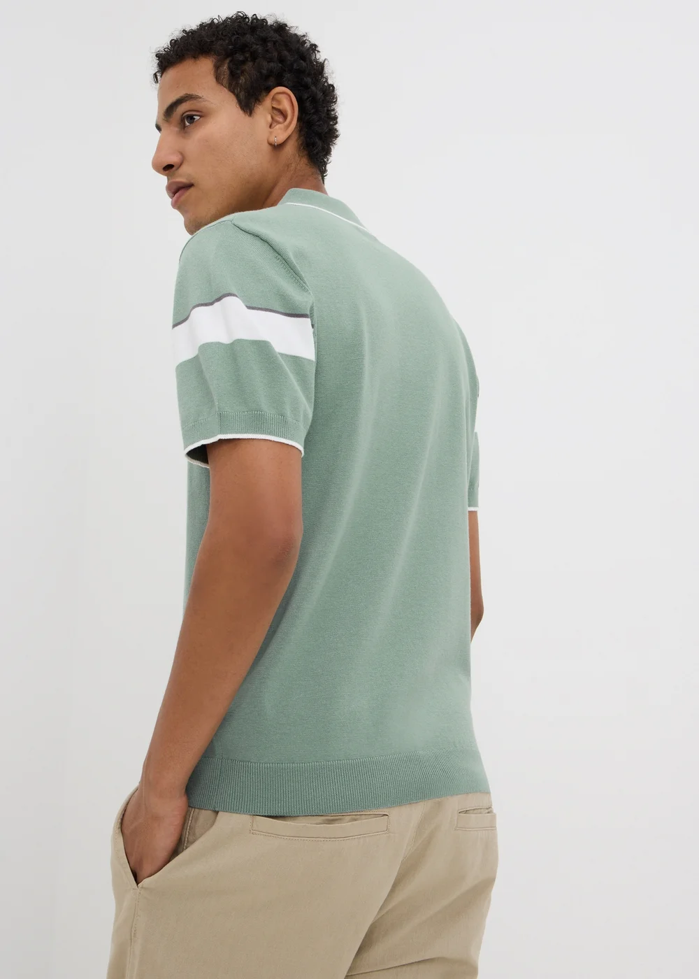 Sage Green Colour Block Zip Knitted Polo Shirt - S Image 2
