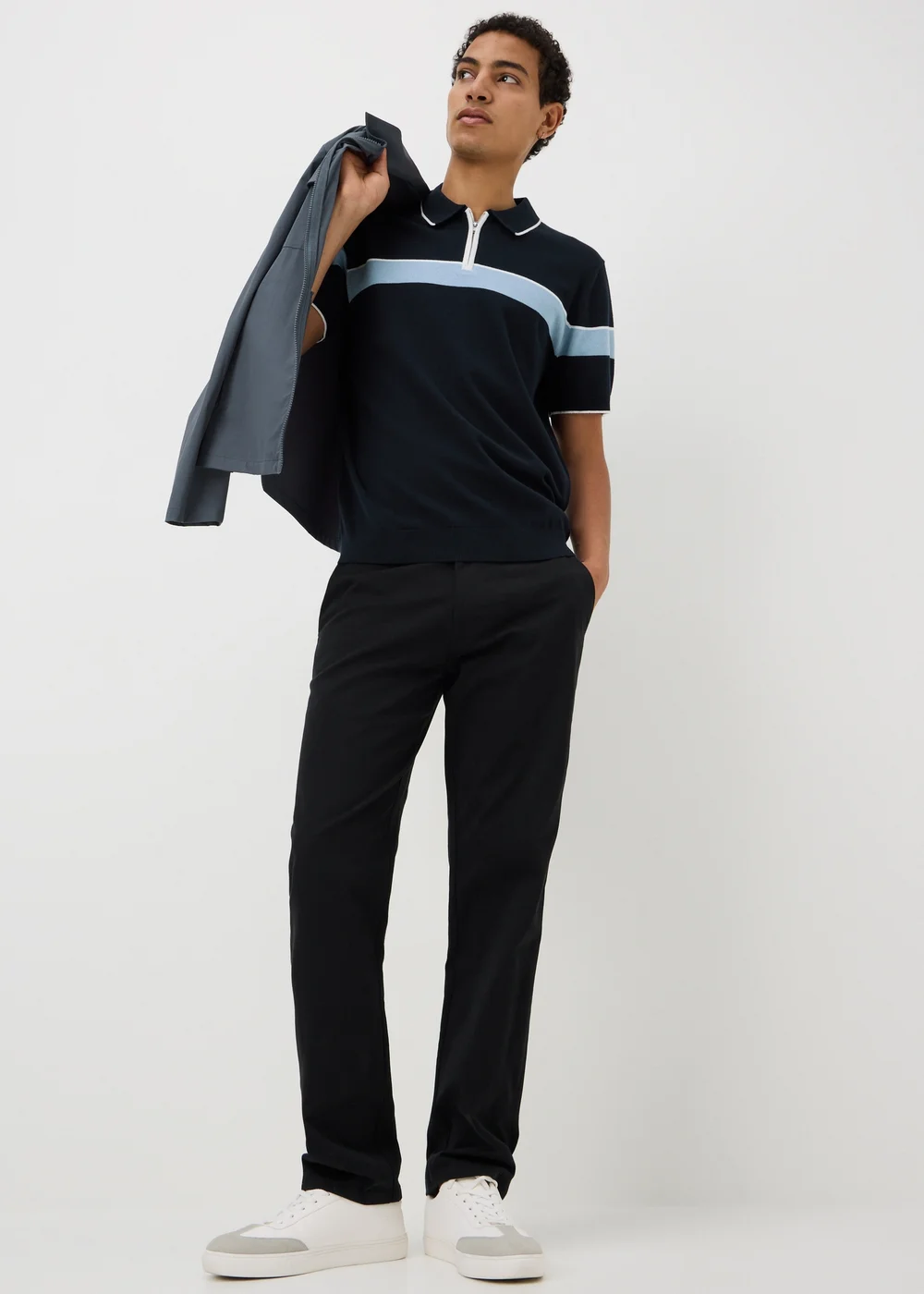 Navy Colour Block Zip Knitted Polo Shirt - S Image 1