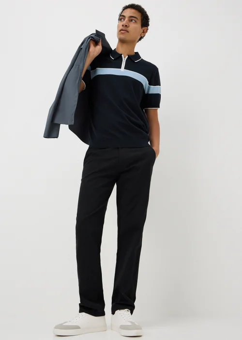Navy Colour Block Zip Knitted Polo Shirt - S Image 1