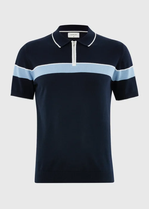 Navy Colour Block Zip Knitted Polo Shirt - S Image 4