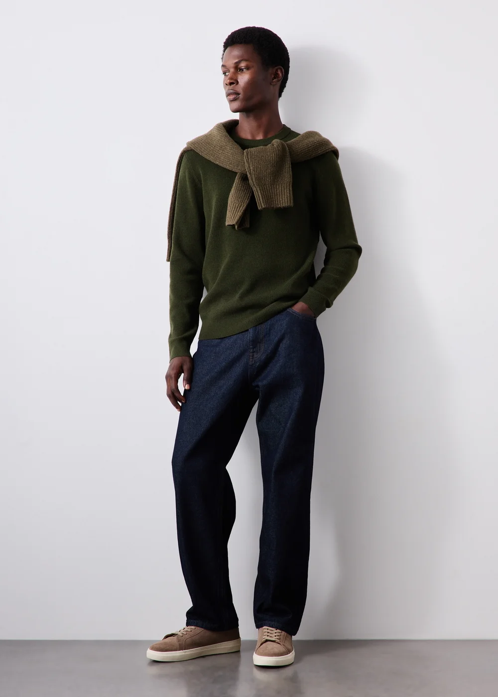 Khaki Smart Ribbed Crew Neck Jumper - S Image 3