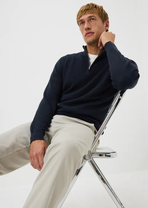 Navy Quarter Zip Smart Ribbed Jumper - S Image 1