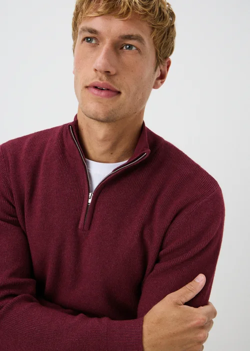 Burgundy Quarter Zip Smart Ribbed Jumper - S Image 3