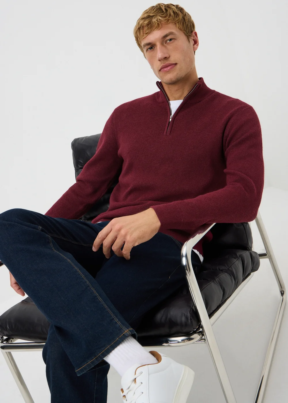 Burgundy Quarter Zip Smart Ribbed Jumper - S Image 1
