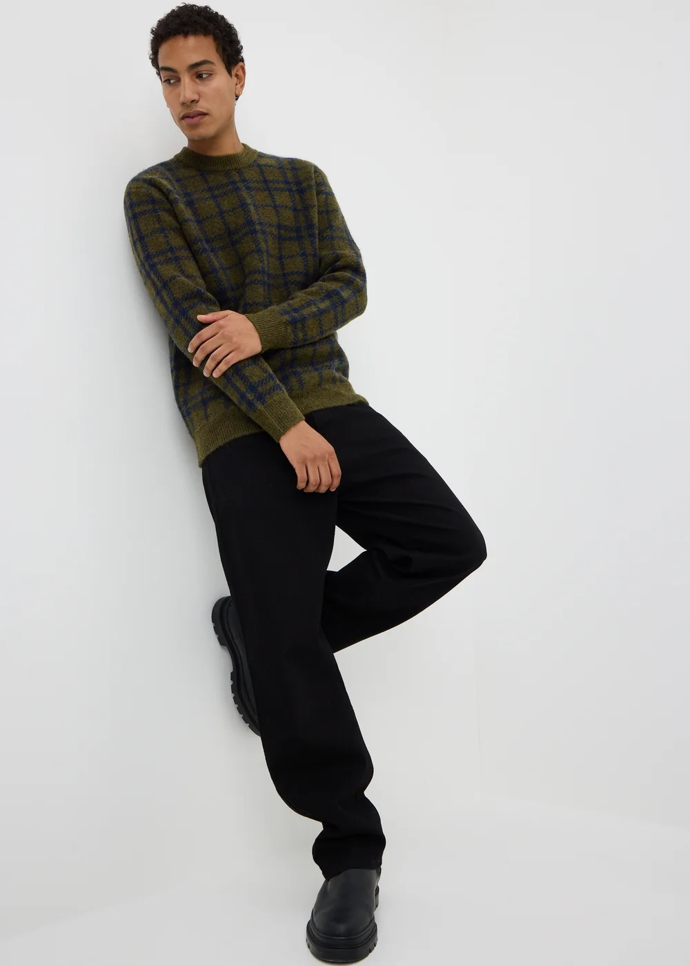 Dark Green Check Crew Neck Jumper - S Image 1