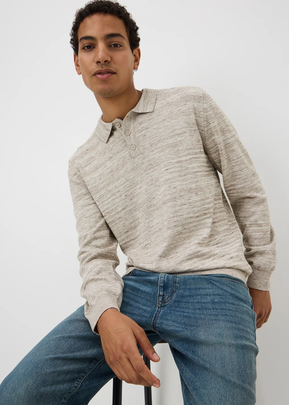 Stone Space Dye Long Sleeve Knitted Polo Shirt - S Image 1