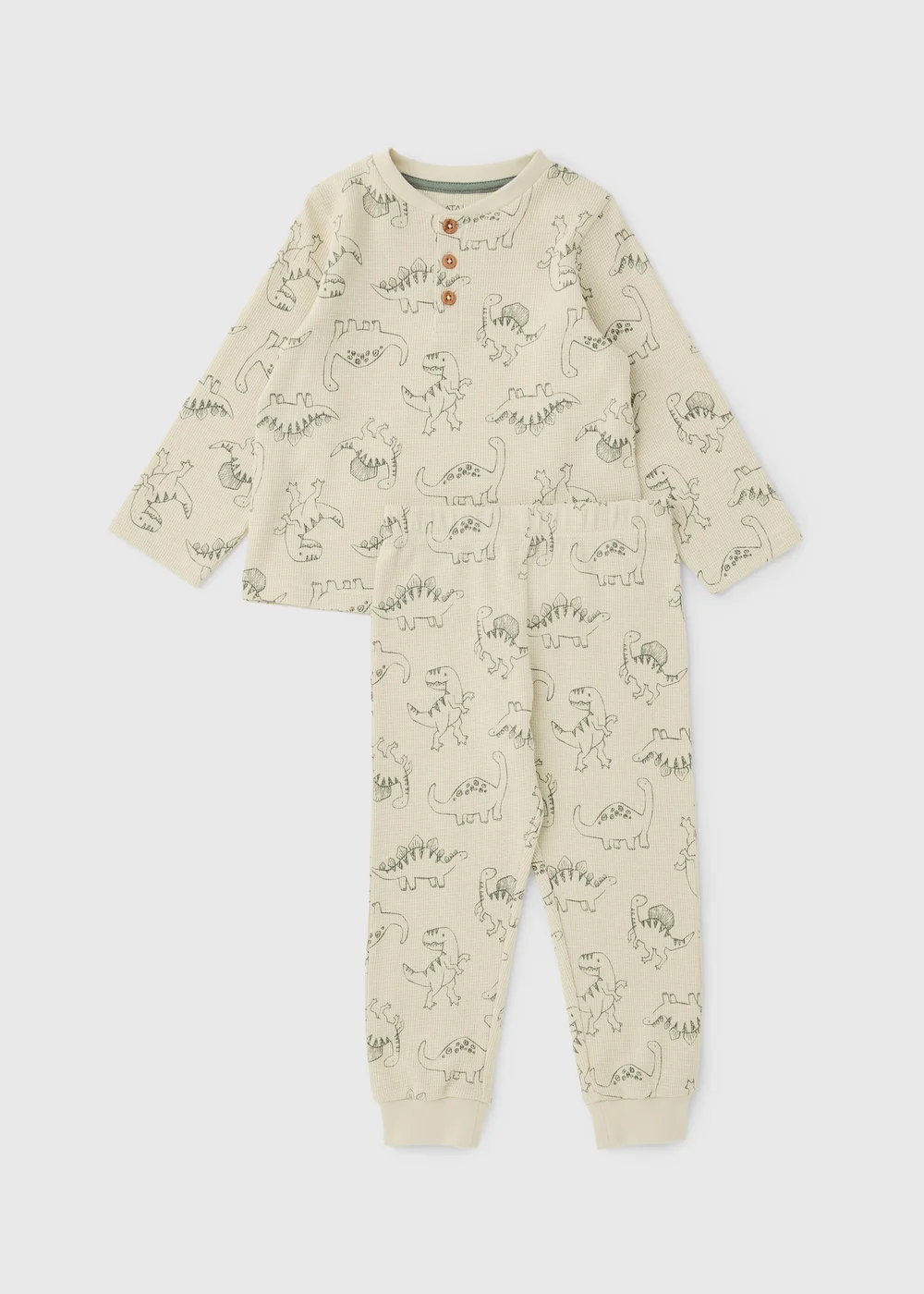 Boys Cream Dinosaur Waffle Long Pyjama Set (1-7yrs) - 1-1.5 Yrs Image 1