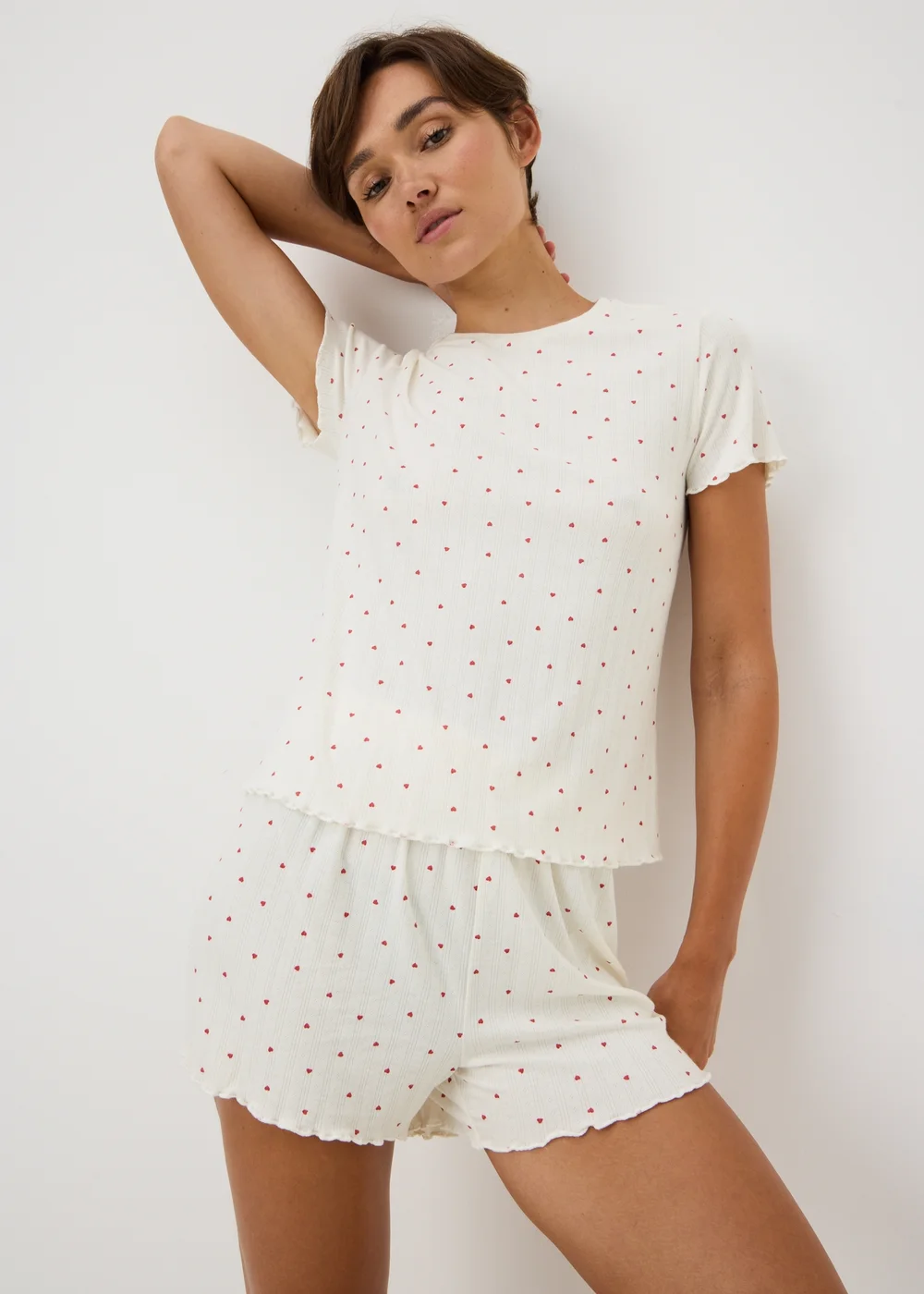 Cream Heart Pointelle Short Pyjama Set - M Image 1