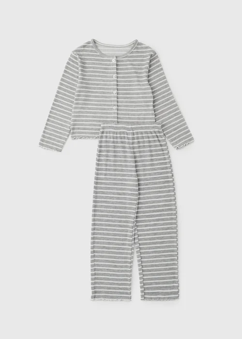 Girls Grey Striped Ribbed Lounge Pyjama Set (7-13yrs) - 7 Yrs Image 1