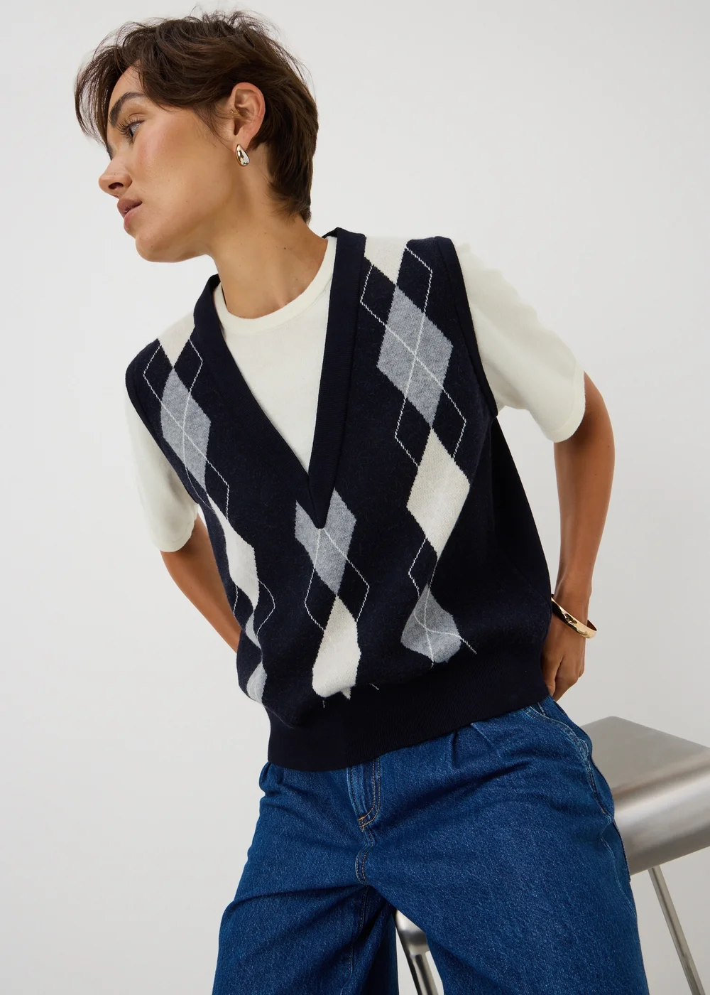 Navy 2 in 1 T-Shirt Argyle Tank Top - S Image 1