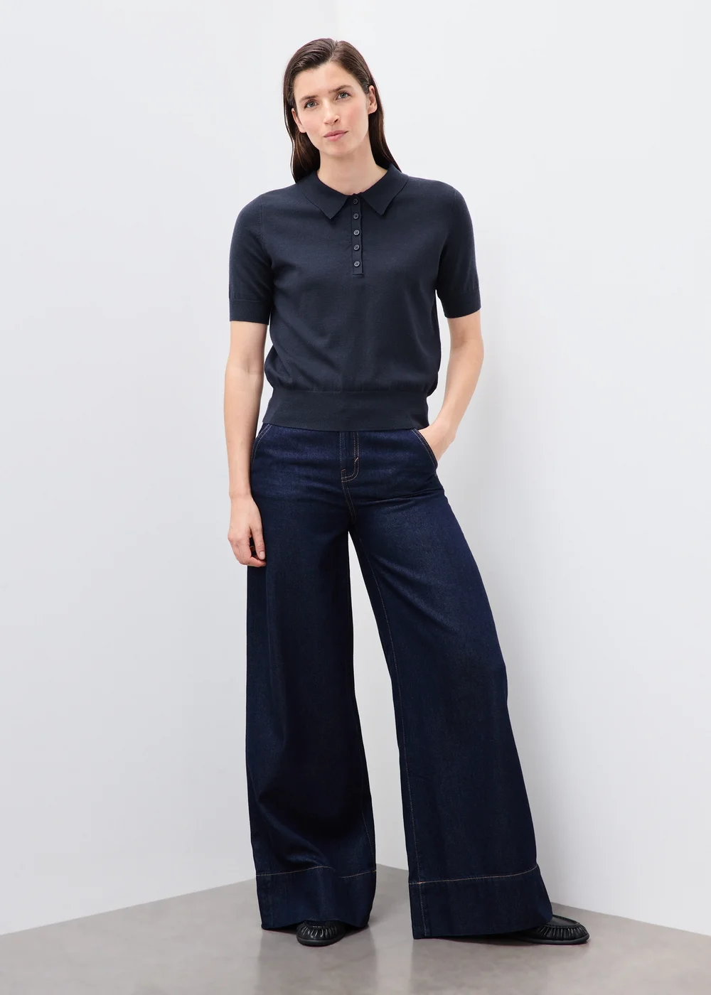 Navy Knitted Collared Short Sleeve Jumper - XS Image 2