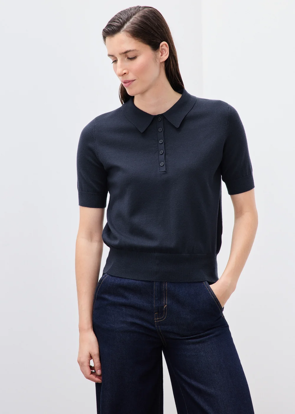 Navy Knitted Collared Short Sleeve Jumper - XS Image 1