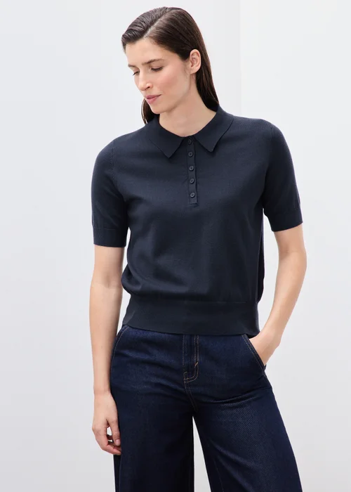 Navy Knitted Collared Short Sleeve Jumper - XS Image 1