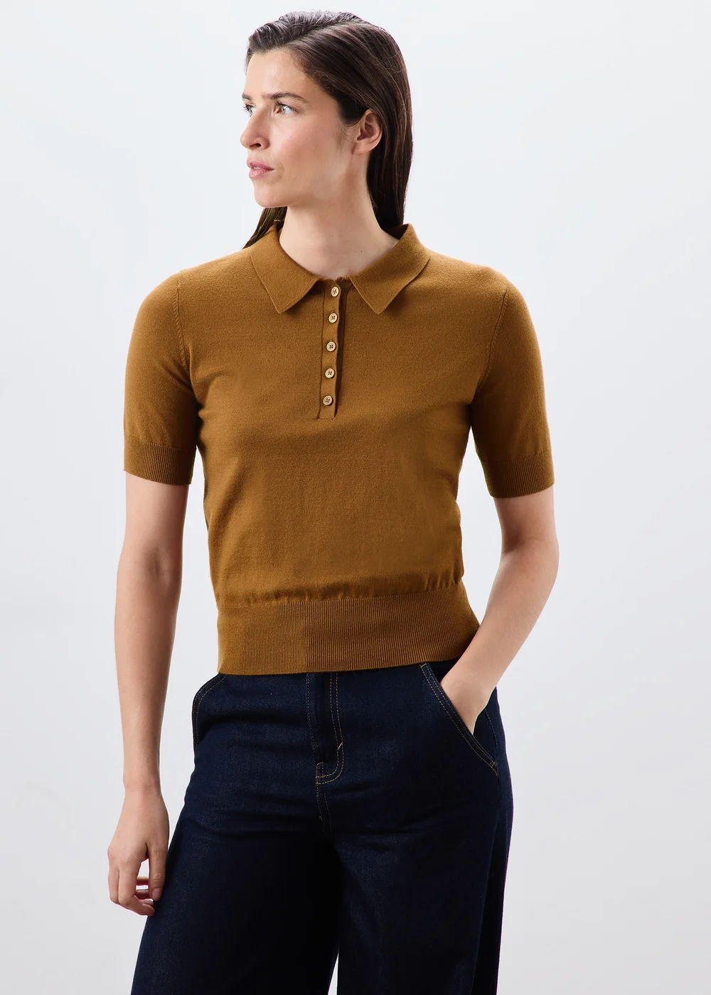 Camel Knitted Collared Short Sleeve Jumper - S Image 1