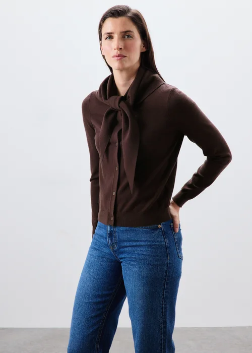 Brown Scarf Neck Long Sleeve Cardigan - S Image 1
