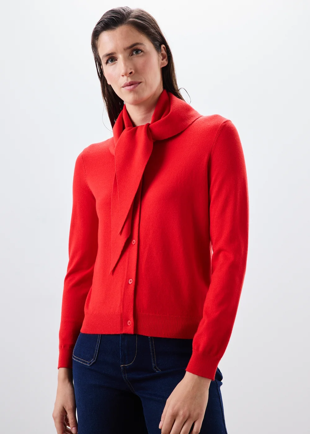 Red Scarf Neck Long Sleeve Cardigan - S Image 1
