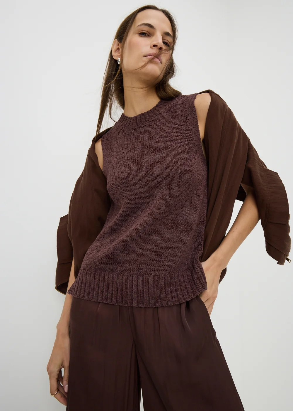 Chocolate Brown Tape Yarn Knitted Vest Top - XS Image 1