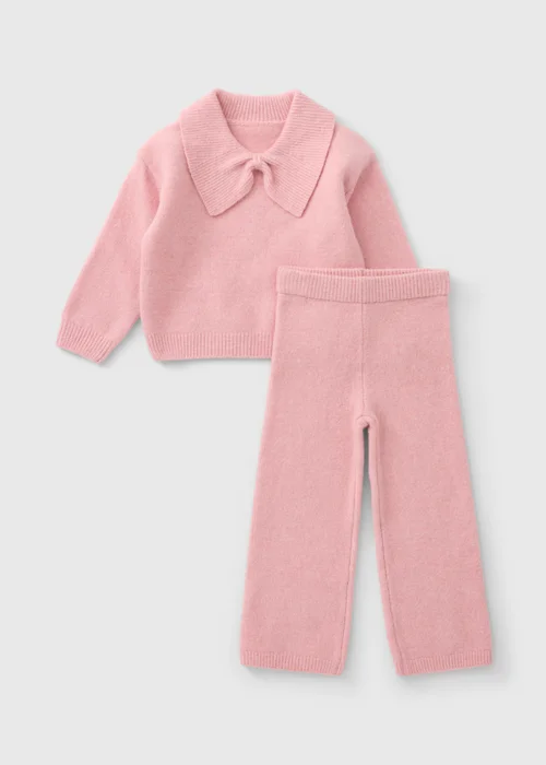 Girls Pink Bow Collared Knitted Top & Trousers Set (1-8yrs) - 1-1.5 Yrs Image 1