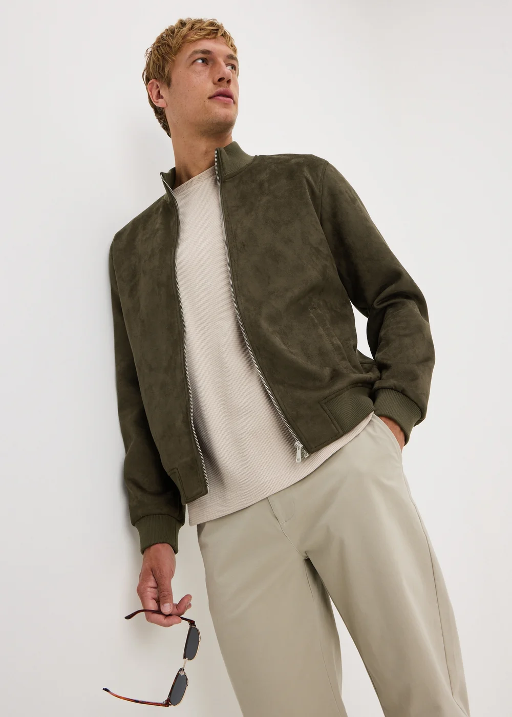 Olive Faux Suede Bomber Jacket - XS Image 1
