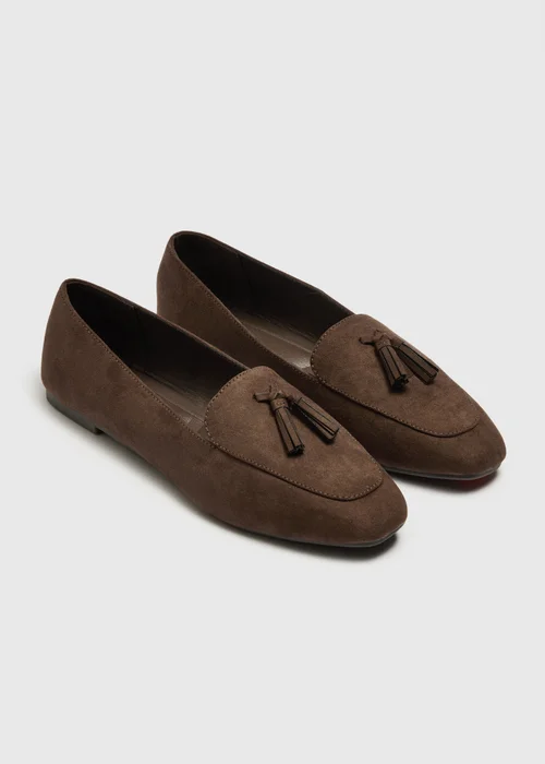 Chocolate Brown Faux Suede Tassel Loafers - 3 Image 3