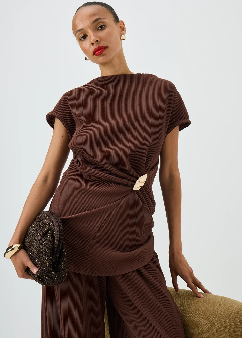 Chocolate Brown Plisse Longline Co Ord Top - 12 Image 1