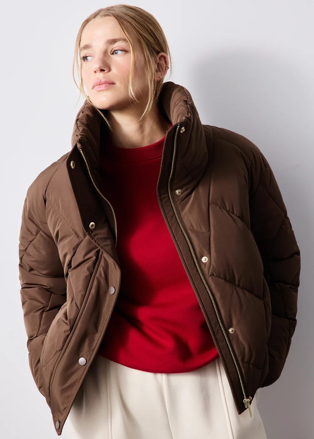 Chocolate Brown Funnel Neck Short Padded Coat - M Image 1