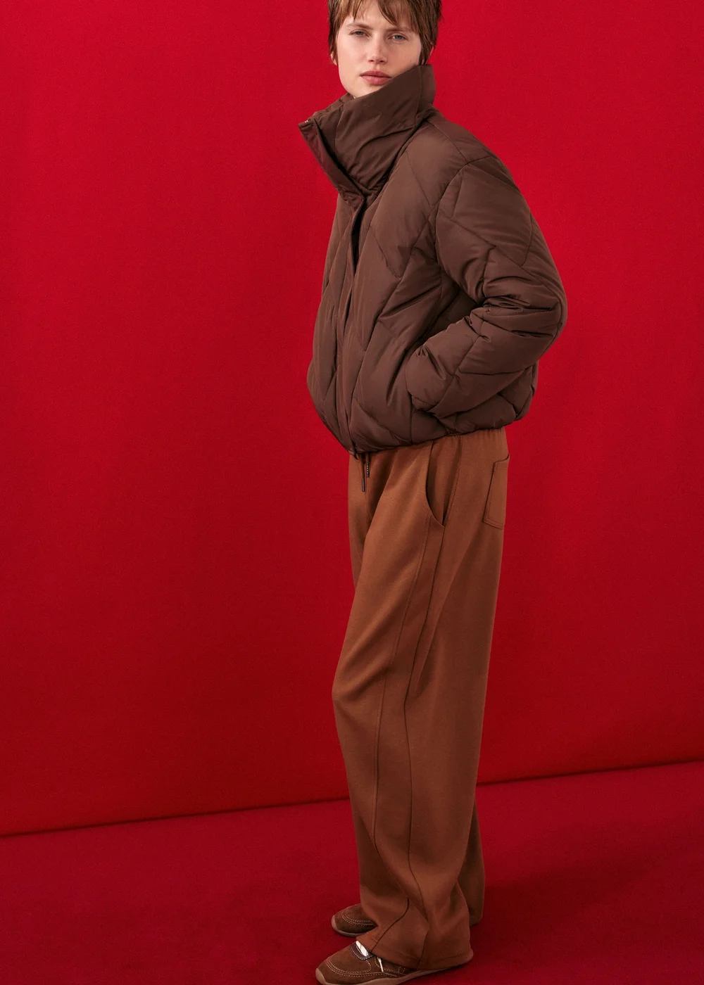 Chocolate Brown Funnel Neck Short Padded Coat - M Image 2