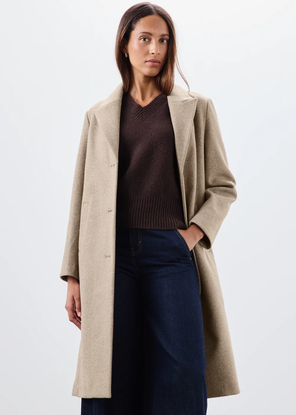 Taupe Double Breasted Smart Coat - 8 Image 1