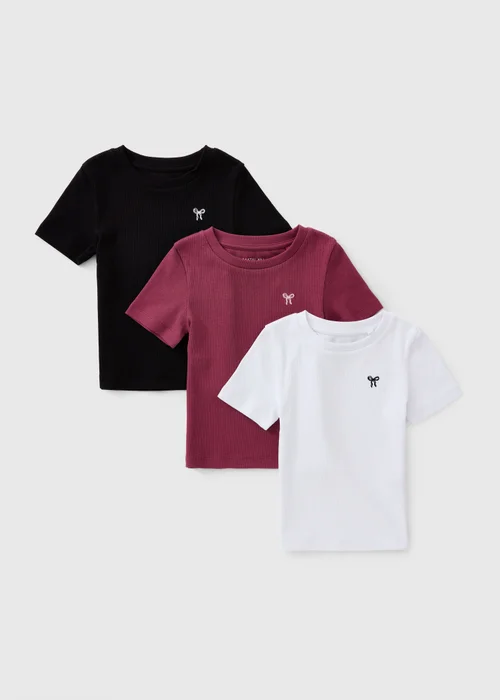 3 Pack Girls Multicolour Bow Ribbed T-Shirts (7-15yrs) - 7 Yrs Image 1
